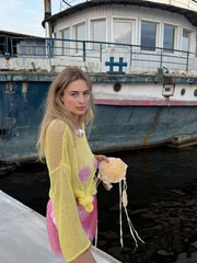 Knit Sheer Shell Embroidered Long Sleeve Round Neck Top