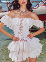 White Slash Neck Ruffle Tie Up Frill Mini Dress