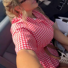 Red Plaid Smocked Shirt And Shorts Set