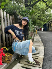 Blue East Cost Off Shoulder Graphic T Shirts