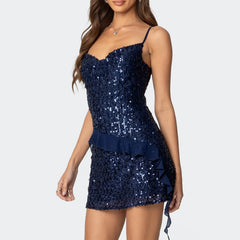 Navy sequin dress with ruffled hem 