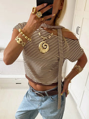 Brown Striped One Shoulder Scarf Sleeve Top