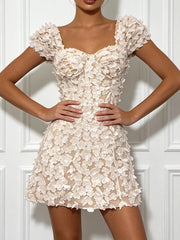 3D Flower Beaded Square Collar Short Sleeve Mini Dress