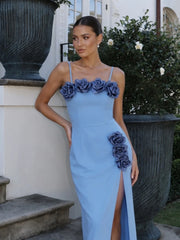 Spaghetti Strap 3d Flower Applique Slit Midi Dress
