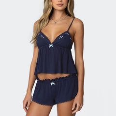 Embroidered Trim Cami Top And Shorts Pj Set