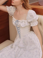Blue Printed Corset Lace Up Puff Sleeve Maxi Dress