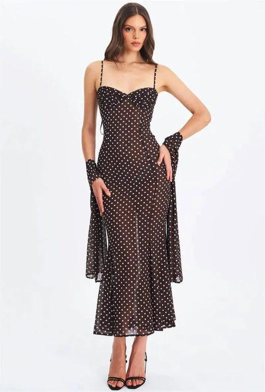 Black Polka Dot Sweetheart Neck Spaghetti Strap Scarf Maxi Dress