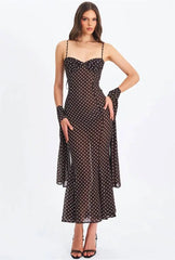 Black Polka Dot Sweetheart Neck Spaghetti Strap Scarf Maxi Dress