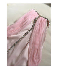 Pink Pleated High Neck Rhinestone Chain Open Back Maxi Dress