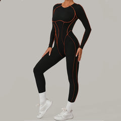 Black bodysuit with orange accents worn by a person- side view