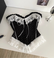 Black corset with white lace details front side