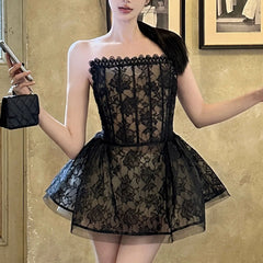 Lace Sheer Strapless Flared Mini Dress
