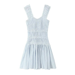 A stylish blue and white striped mini dress with a ruched design and a flattering silhouette.