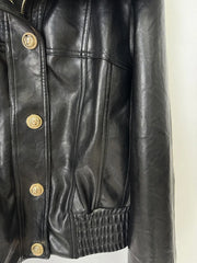 Black Pu Leather Gold Button Zip Collar Jacket
