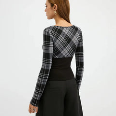 Plaid Patchwork Black Long Sleeve Top
