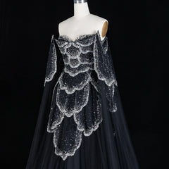 Off-Shoulder Tulle Sequin Flower Petal Embroidered Gown