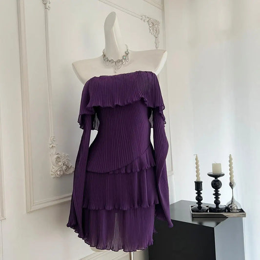 Purple Long Sleeve Off Shoulder Pleated Frill Mini Dress