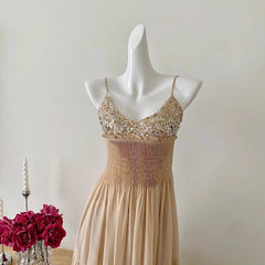 Khaki Sequin Bling Strappy Sheer Smocked Maxi Dress