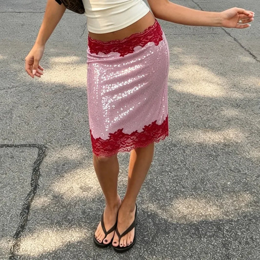 Sequin Lace Patchwork Midi Skirt