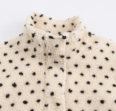 Beige Polka Dot Zipper Fleece Coat