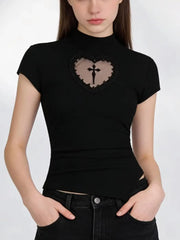 Black Heart Mesh Patchwork Short Sleeve Top
