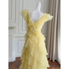 Yellow Butterfly Sleeve V-neck Tiered Asymmetrical Midi Dress