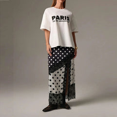High Waist Satin Dot Print Lace Trim Patchwork Maxi Skirt
