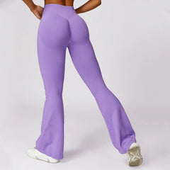 Purple flared pants worn by a person - back view
