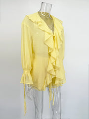 Ruffle Tie Up Shirt And Shorts Two Piece Set
