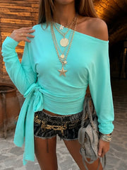 Blue Off-Shoulder Long Sleeve Tie-Up Waist Top