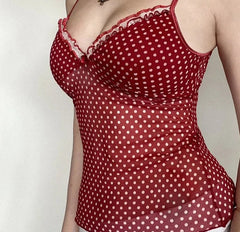 Polka-dot Mesh Bow V Neck Open Back Camisole Top