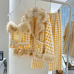 Yellow Plaid Plush Sleepwear Three Piece Pijama Set