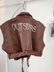 Pu Leather Letter Embroidery Vest Biker Jacket