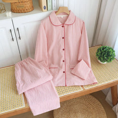Doll Collar Cotton Plaid Long-sleeved Shirt And Pants Two-piece Nighwear Set