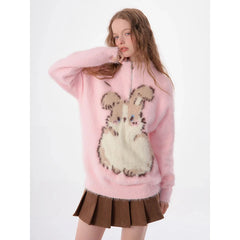 Pink High Neck Zipper Cartoon Graphic Knit Pullover
