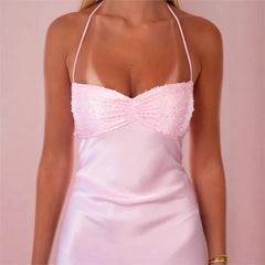 Sequin Strap Lace Up Back Satin Maxi Dress