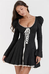 Lace Tie-Up Black Puff Long Sleeve Mini Dress - Free From Label