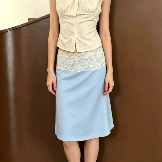 Lace Trim Low Waist Midi Skirt