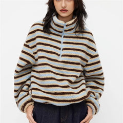 Half Zip Striped Stand Collar Fuzzy Sweatshirt