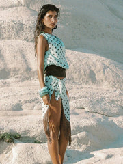 Blue Sheer Polka Dot  One Shoulder Top  And Tassel Wrap Skirt Set