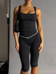 Black Polka Dot Print Square Collar Top And Capri Pants Set