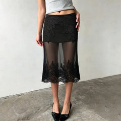 Black Lace Embroidered Sheer Midi Skirt