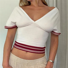 White Striped Trim V-Neck Short Sleeve Fitted Waist Crop Top