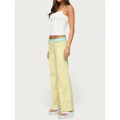 Yellow Striped Waist Contrast Drawstring Wide Leg Pants