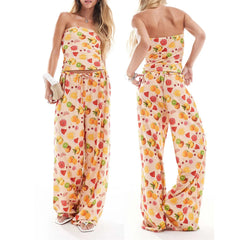 Waffle Fruit Print Strapless Tube Tops with Elastic Waist Pants Loungewear Set