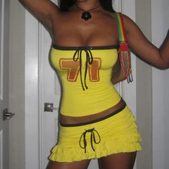 Yellow Number Tube Top And Frill Mini Skirt Set