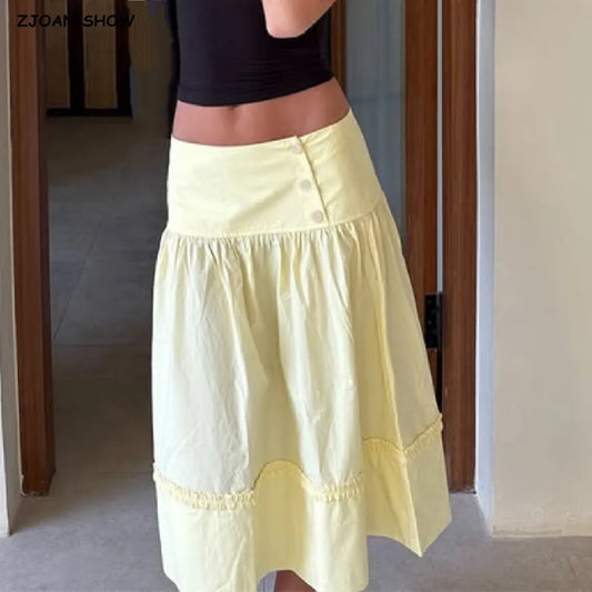 Buttons Low Waist Midi Skirt