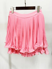 Solid Pink Pleated Fold High Waist Mini Skirt 