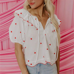 Heart Print Short Sleeve Front Tie-Up Blouse