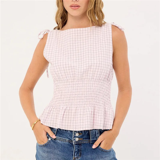 Gingham Tie Shoulder Ruched Tank Top